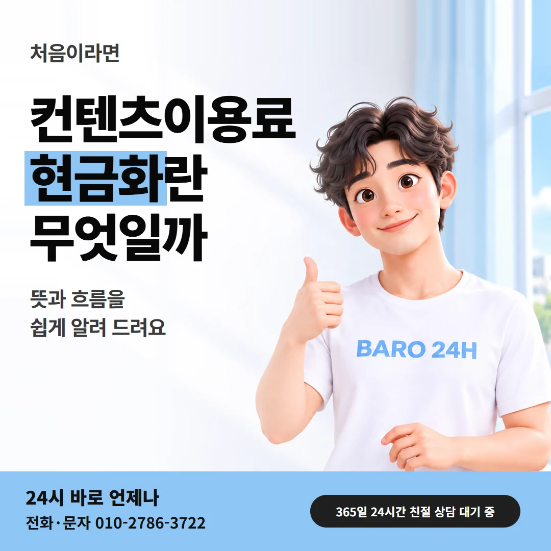 「컨텐츠이용료현금화란? 뜻과 구조」 안내 카드 — 신용카드한도대출과 휴대폰 결제 차이에서 이어 읽는 24시 바로 3D 인물 그림