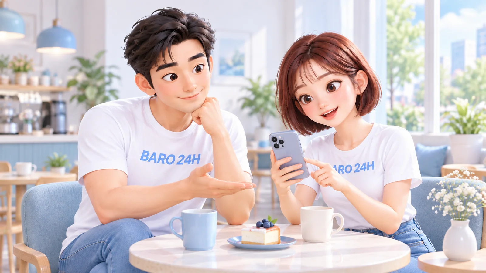 컨텐츠이용료현금화란? — 카페에서 휴대폰 요금 화면을 보며 통신사별 컨텐츠이용료 한도를 함께 비교하는 20대 두 사람 3D 그림